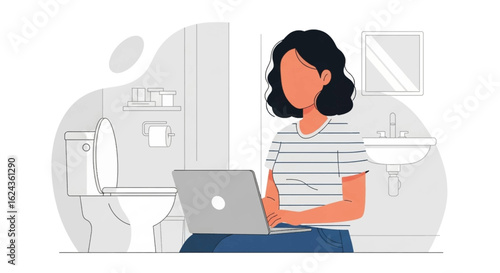 Woman working on laptop in bathroom, perfect for articles about remote work or work-life balance.
