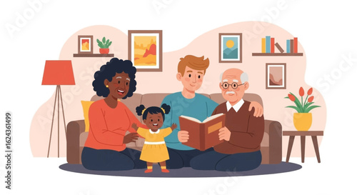 Multigenerational family reading a book together at home, perfect for family, togetherness, and bonding themes.