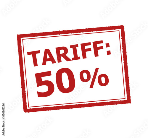 Red Tariff: 50% Stamp Design – Trade Duty Label, Import Tax, Customs Notice Vector on White Paper