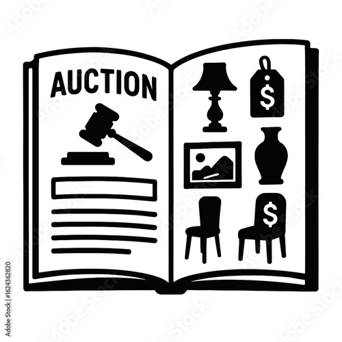 A black and white image of an open auction catalog showing a gavel and various items for sale