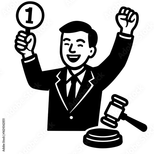 Vector of a Happy Man Winning a Bid at an Auction with a Gavel