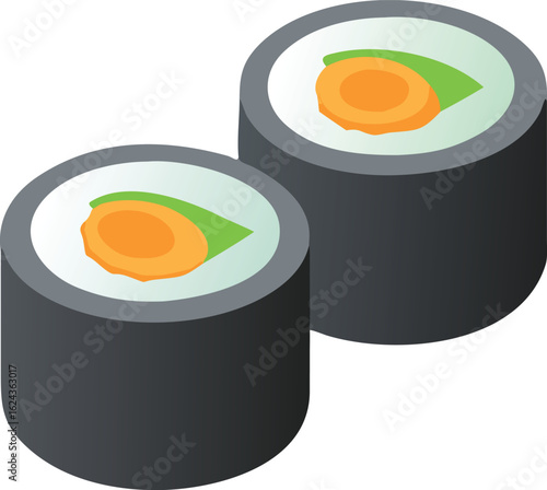Minimalist isometric sushi rolls with orange and green filling japanese food illustration