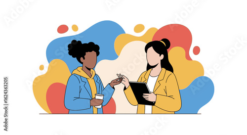 Two diverse businesswomen discussing ideas, perfect for a website or presentation on collaboration and teamwork.