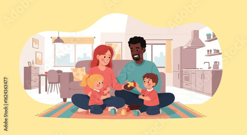Happy family playing with blocks in their living room - perfect for family blogs, parenting websites, and children's product advertising.