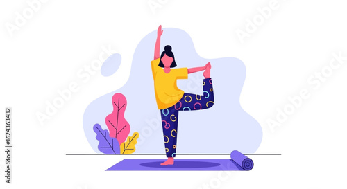 Woman practicing yoga, Natarajasana pose. Illustration perfect for wellness websites, yoga studios, or fitness blogs.