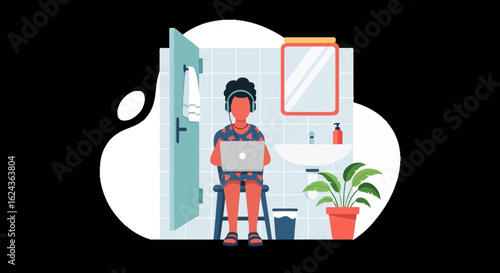 Person working on laptop in bathroom, ideal for articles about remote work, work-life balance, or unusual workspaces.