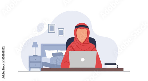 Woman in hijab working on laptop from home, perfect for remote work, work from home, or technology articles.