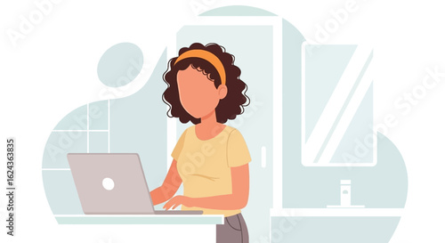 Woman working on laptop at home, perfect for website banners or blog posts about remote work.