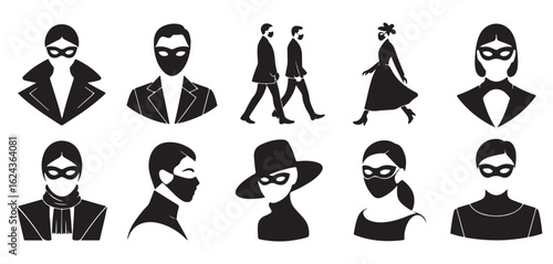 Collection of black and white vector silhouettes of people wearing masks and other face coverings