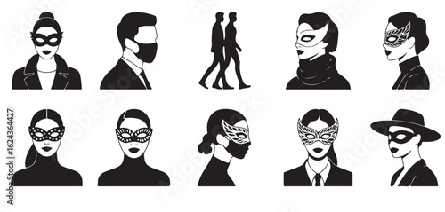 Black and white illustrations of people wearing masks and walking silhouettes in a pattern design