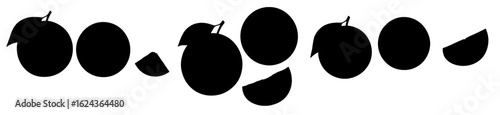  Set of black silhouettes of a fruit, cross section, and slices on a white background