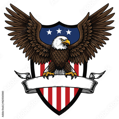 Bald Eagle with American Flag Shield and Open Wings