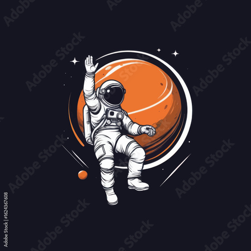 Astronaut in Space Suit Floating Near an Orange Planet