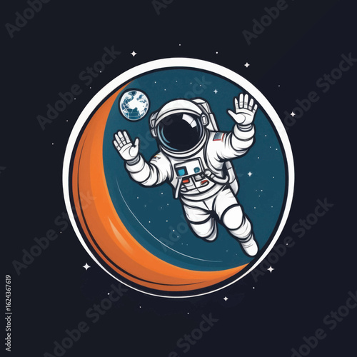 Cartoon Astronaut Floating in Space with Earth and Crescent Moon