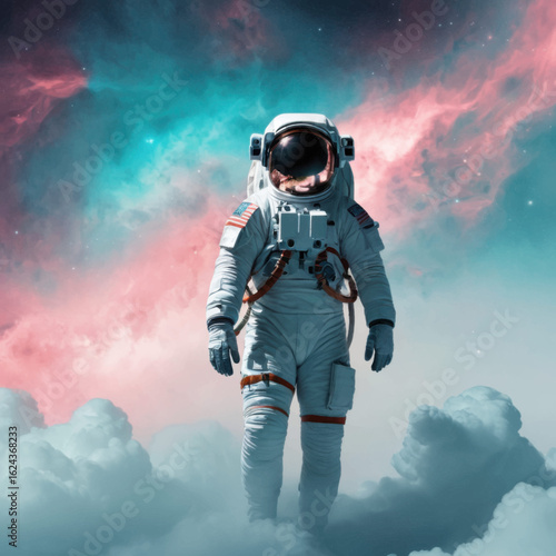 Astronaut in a Colorful Nebula, Majestic Spacewalk