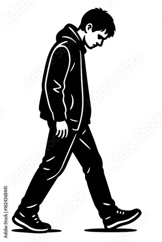 Depressed and lonely man walking with head down