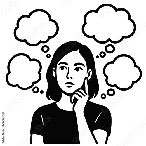 Woman thinking with multiple empty thought bubbles for ideas