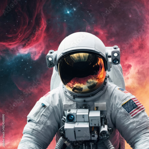 Astronaut in Space Suit Against a Nebula Background