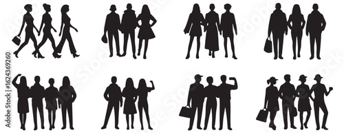 Silhouette groups of people standing and walking isolated on a white background in various formations