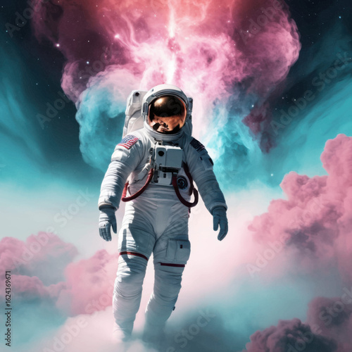 Astronaut in a Colorful Nebula, a Surreal Spacewalk