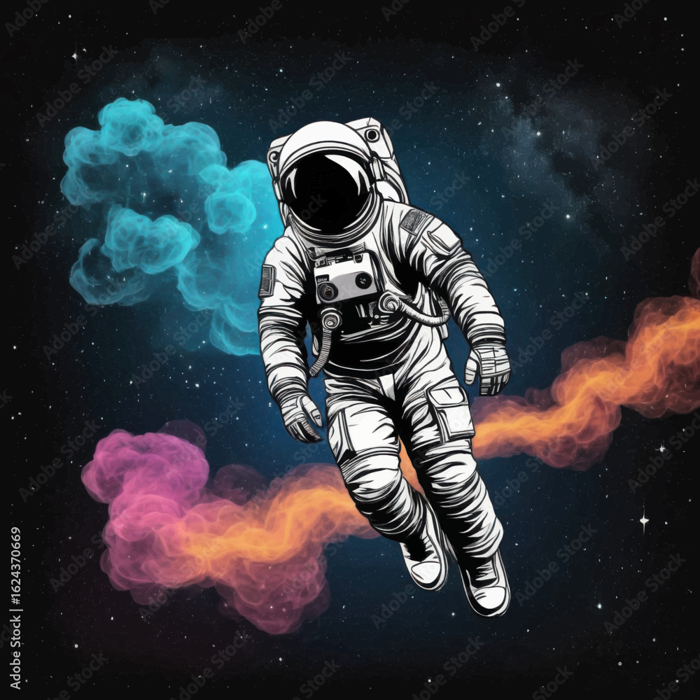 Fototapeta premium Astronaut in Space with Colorful Nebulae Background