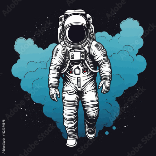 Astronaut in Space Suit Walking Through Cosmic Clouds