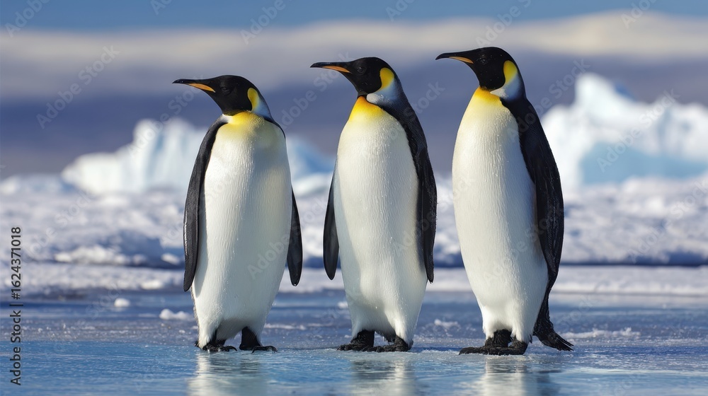Fototapeta premium The majestic group of emperor penguins standing on icy terrain in Antarctica.