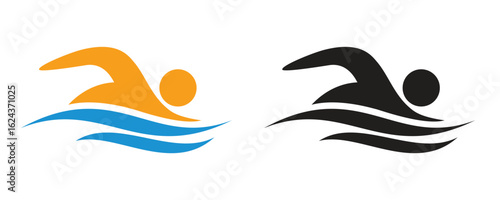 A set of two swimmer logos, one orange and blue, the other black, ideal for swimming, sports, or fitness branding