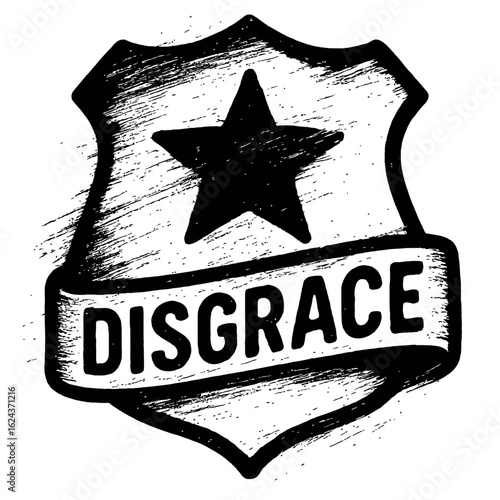 Disgrace Badge Graphic Vector - Shield with Star and Text Symbolizing Shame or Corruption