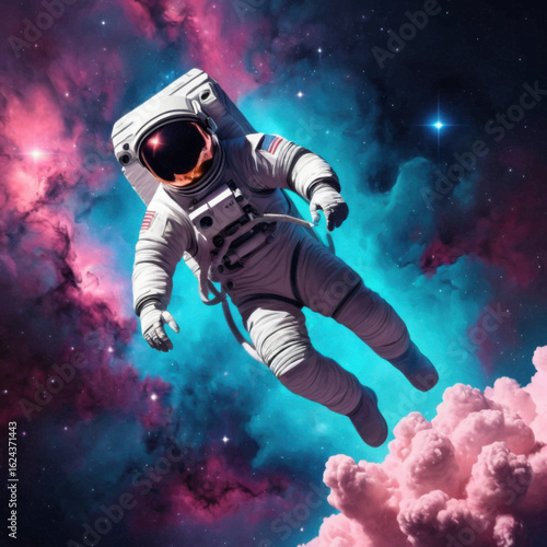 Astronaut Floating in Cosmic Nebula with American Flag Detail