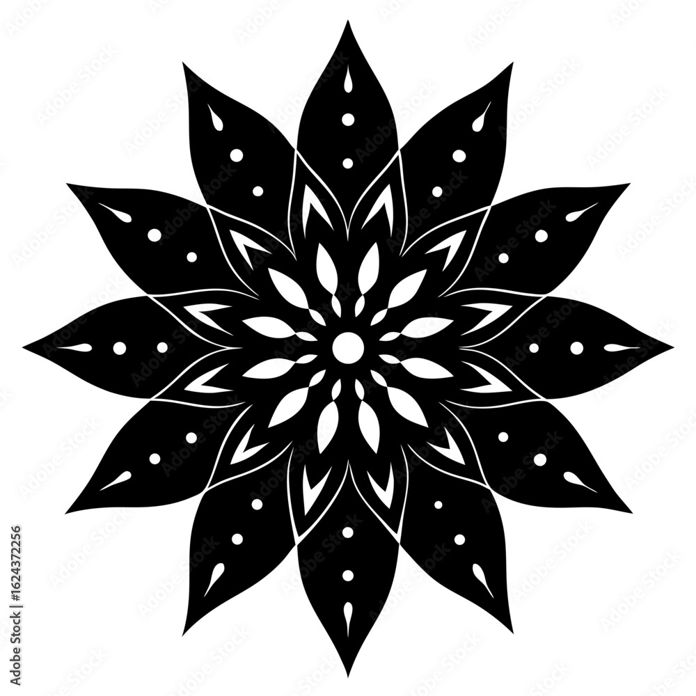Obraz premium Intricate black and white mandala flower pattern isolated on white background, a symmetrical floral design with decorative elements and a central bloom