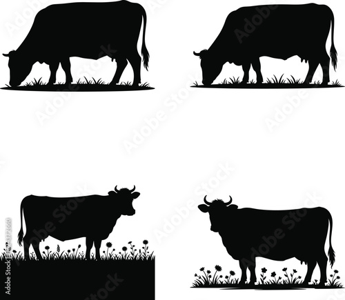 Cow Silhouette Vector Bundle – Farm Animal, Dairy Cattle, Livestock Clipart Set