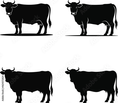 Cow Silhouette Vector Bundle – Farm Animal, Dairy Cattle, Livestock Clipart Set