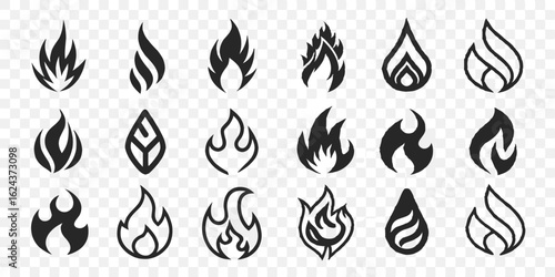 Collection of fire flames icons in various modern abstract and minimalist styles symbolizing energy and power