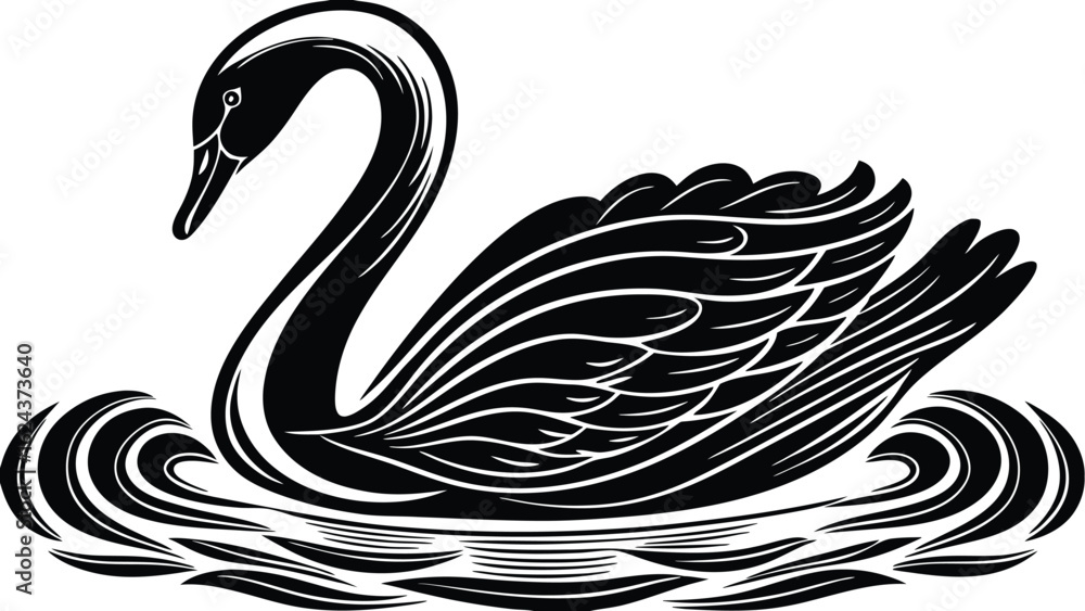 Fototapeta premium A stylized black swan gracefully gliding on water with intricate feather details and elegant neck curve design