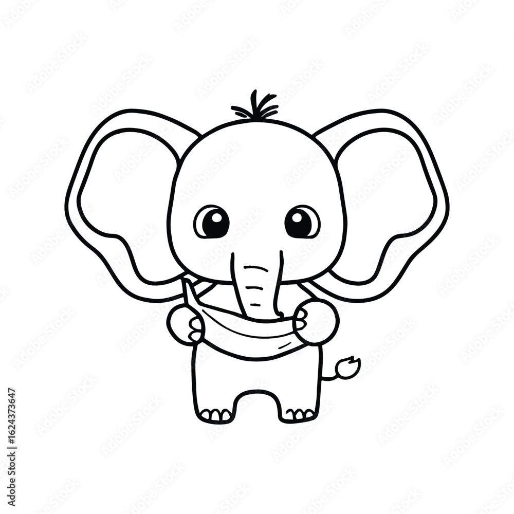 Fototapeta premium Elephant holding a yellow banana in doodle style