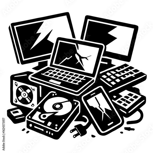 Pile of Broken Electronic Waste and E-Waste - Technology Junkyard