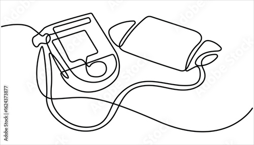 Electronic medical tonometer for measuring blood pressure. Medical healthcare check up analysis, Continuous one line drawing sphygmomanometer. Single one line drawing hand check blood pressure. 