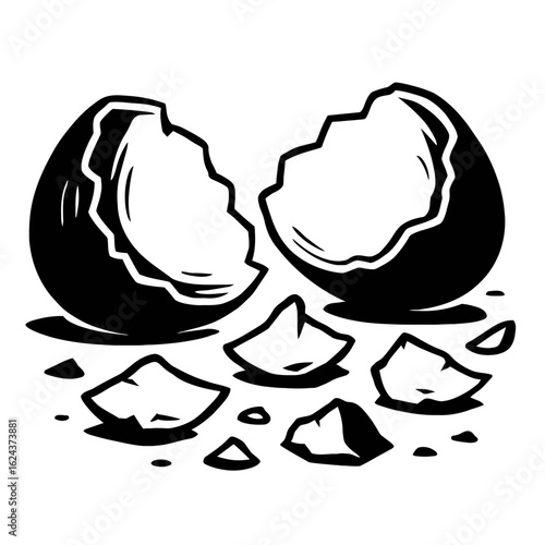 Broken and Cracked Egg Shell with Scattered Pieces
