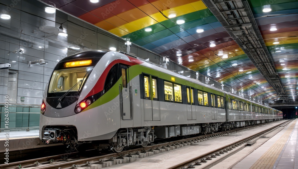 Naklejka premium Modern light rail train at a station, rainbow ceiling