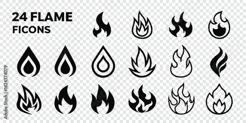 Collection of Twenty Four Unique Flame Icons Representing Different Fire Concepts and Designs for Various Applications and Creative Projects