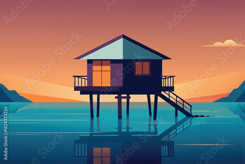 house on stilts above shallow sea water  .eps