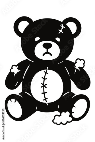 Sad and Worn Out Stuffed Teddy Bear with Stitches and Patches