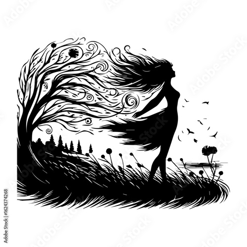 Woman's Silhouette Merging with Nature's Elements