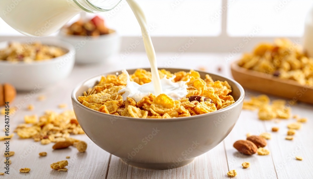 A dynamic, ultra-realistic photograph of milk being poured into a bowl of generic, multi-grain cereal, creating a splash frozen in time
A dynamic, ultra-realistic photograph of milk being poured into a bowl of generic, multi-grain cereal, creating a splash frozen in time