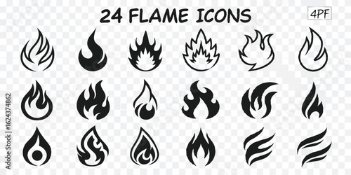 Collection of Black Flame Icons in Various Shapes and Styles for Design Projects and Creative Applications with Versatile Usage