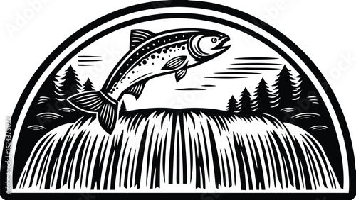 A monochrome illustration of a fish leaping over a waterfall surrounded by trees in a semi circular frame