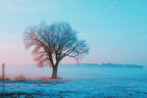 Lonely tree in a winter sunrise mist
