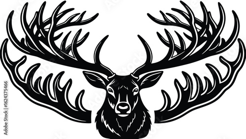 A striking black and white illustration of a majestic deer head with impressively large antlers displayed prominently