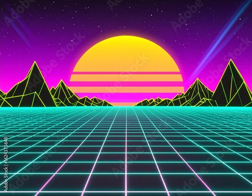 Vibrant retro sunset over a grid landscape with mountains, creating a nostalgic digital art scene